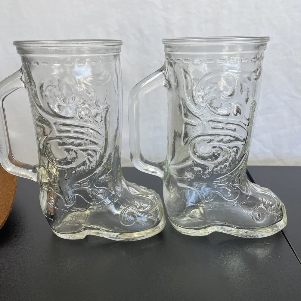 Vintage‎ lot of 2 Libbey Clear Glass Beer Mugs Cowboy Boots western bar ware